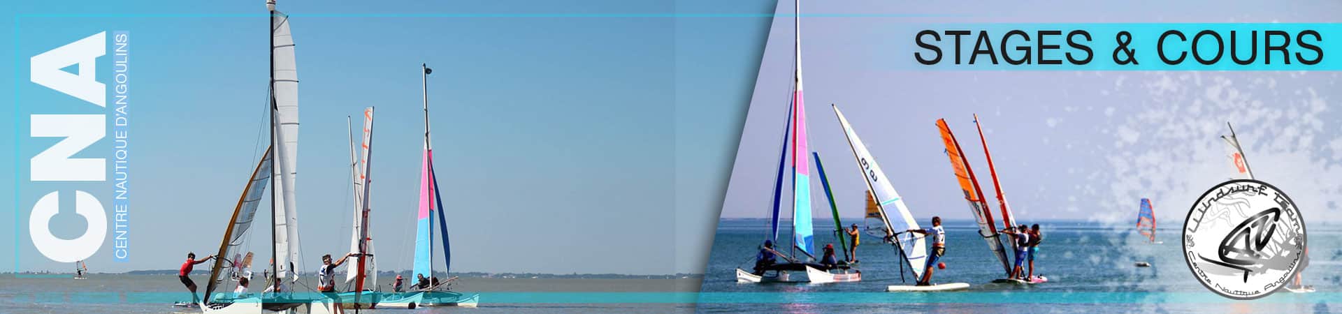 Stages de voile en mer La Rochelle. Optimist, Catamaran et Planche à voile au choix. Photo des 3 types de supports nautique sur cette photo panoramique.